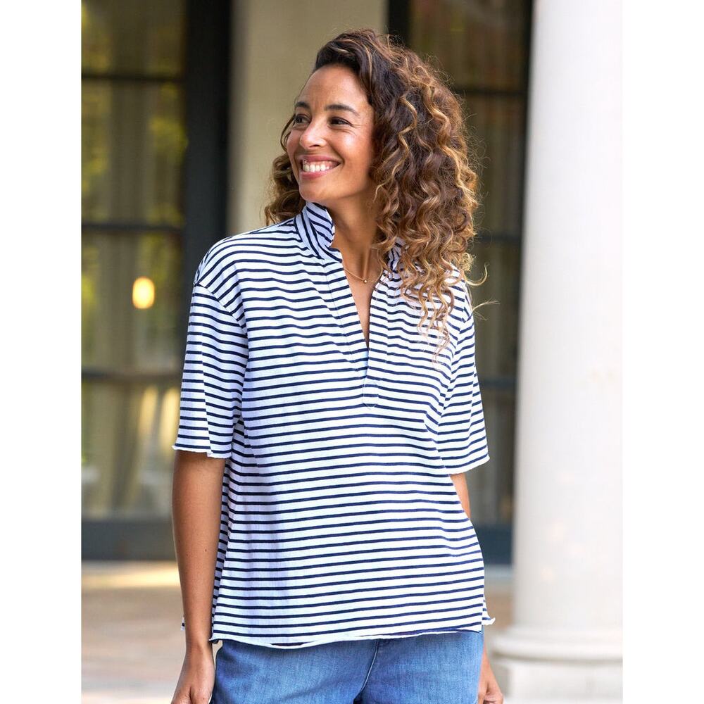 Frank & Eileen Patty Stripe Blue White Cotton Short-Sleeve Popover Henley Top L
